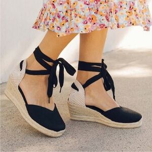 Soludos Lyon Espadrille Wedge Sandals Lace Ankle Black and Tan Size 6.5